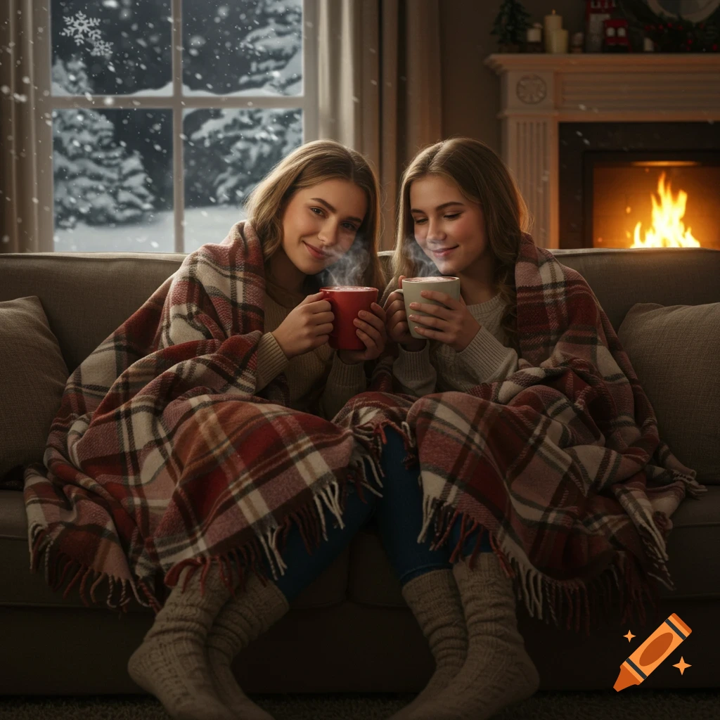 Two young friends wrapped in plaid blankets, drinking hot chocolate on a sofa in a cozy winter room with a fireplace.