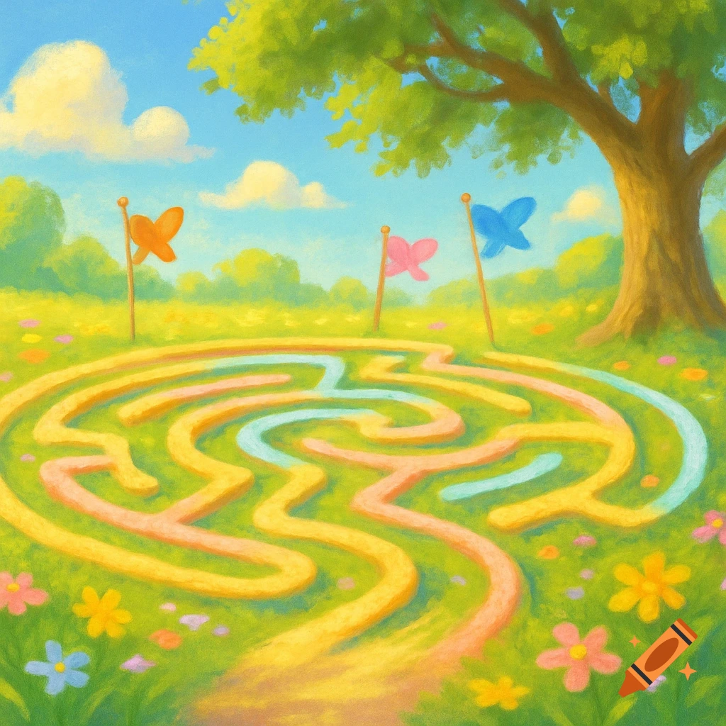 A whimsical painted labyrinth path with colorful sections through a vibrant grassy field under a blue sky with a tree and butterfly flags.