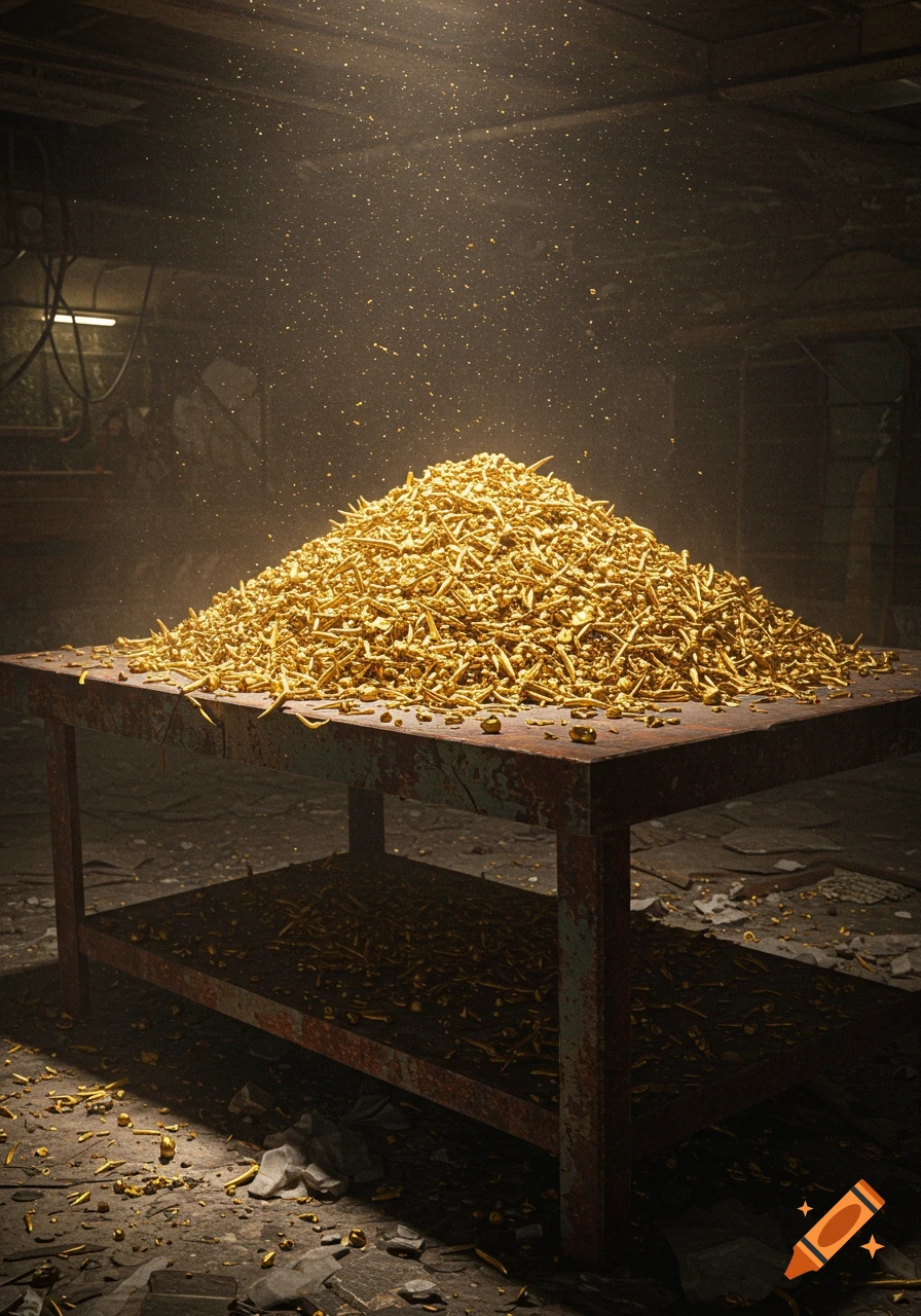 A large pile of golden filings on a rusty table in a dusty, dimly lit apocalyptic room, illuminated by a light ray.