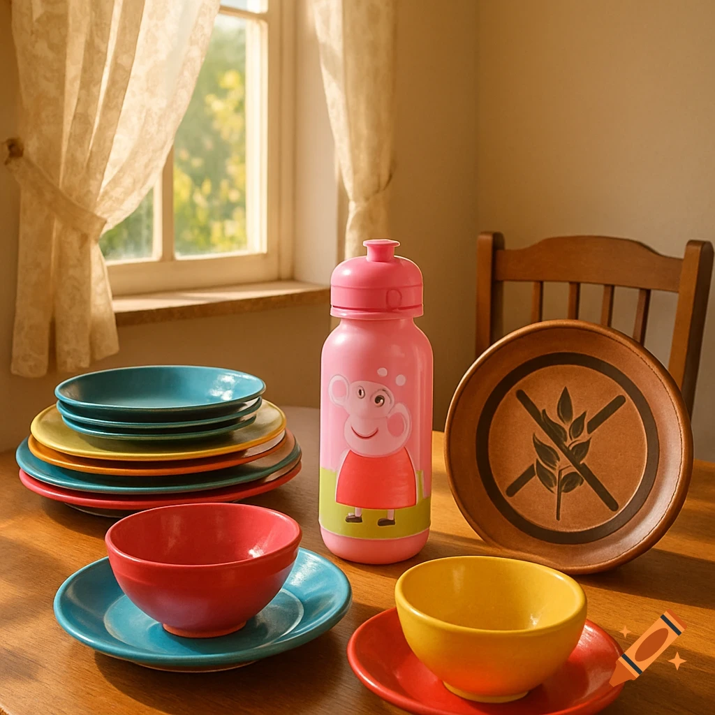 A table with colorful stacked plates and bowls, a pink water bottle with a cartoon pig, and a wooden 'gluten-free' symbol plate.