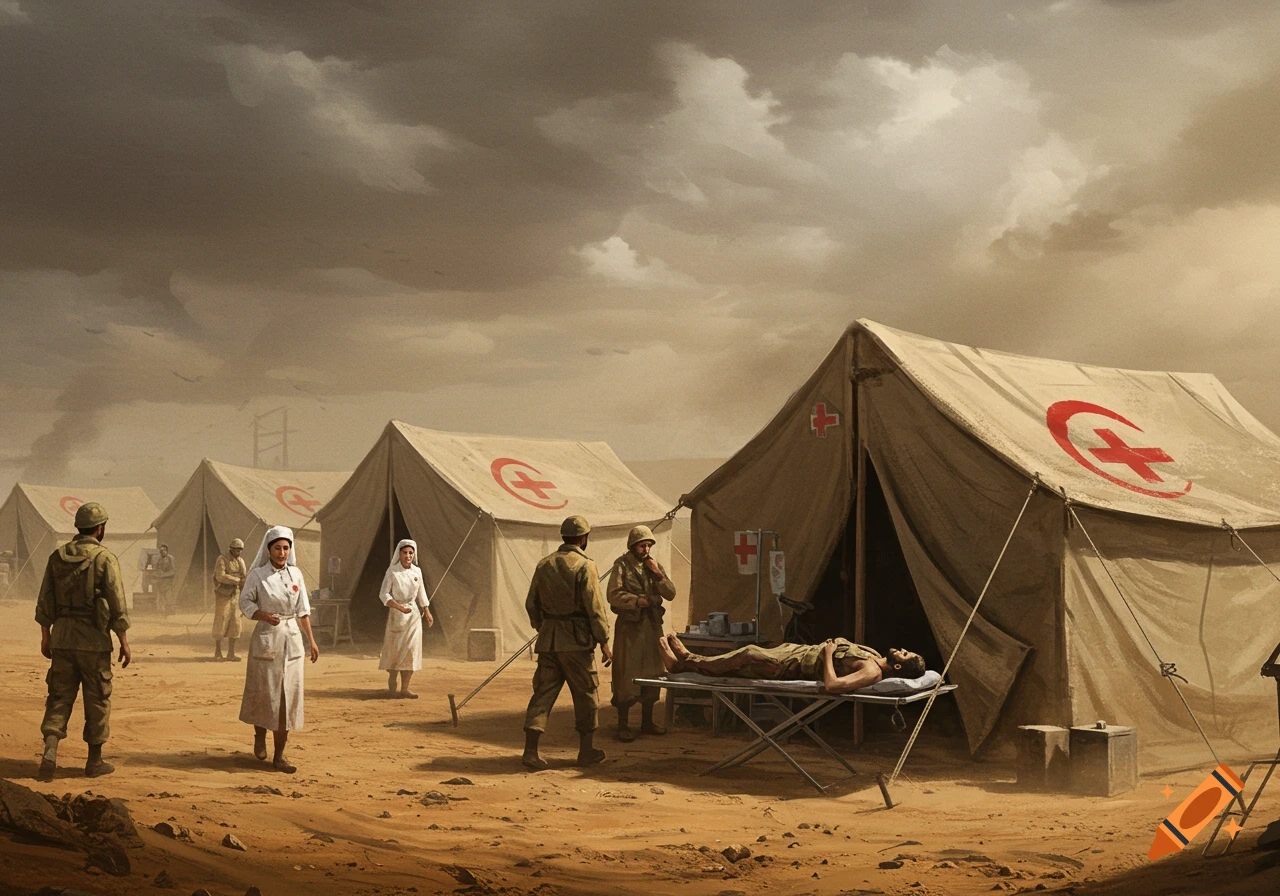 Illustrative painting of a desert field hospital with tents, soldiers, and nurses tending to a wounded soldier on a stretcher.