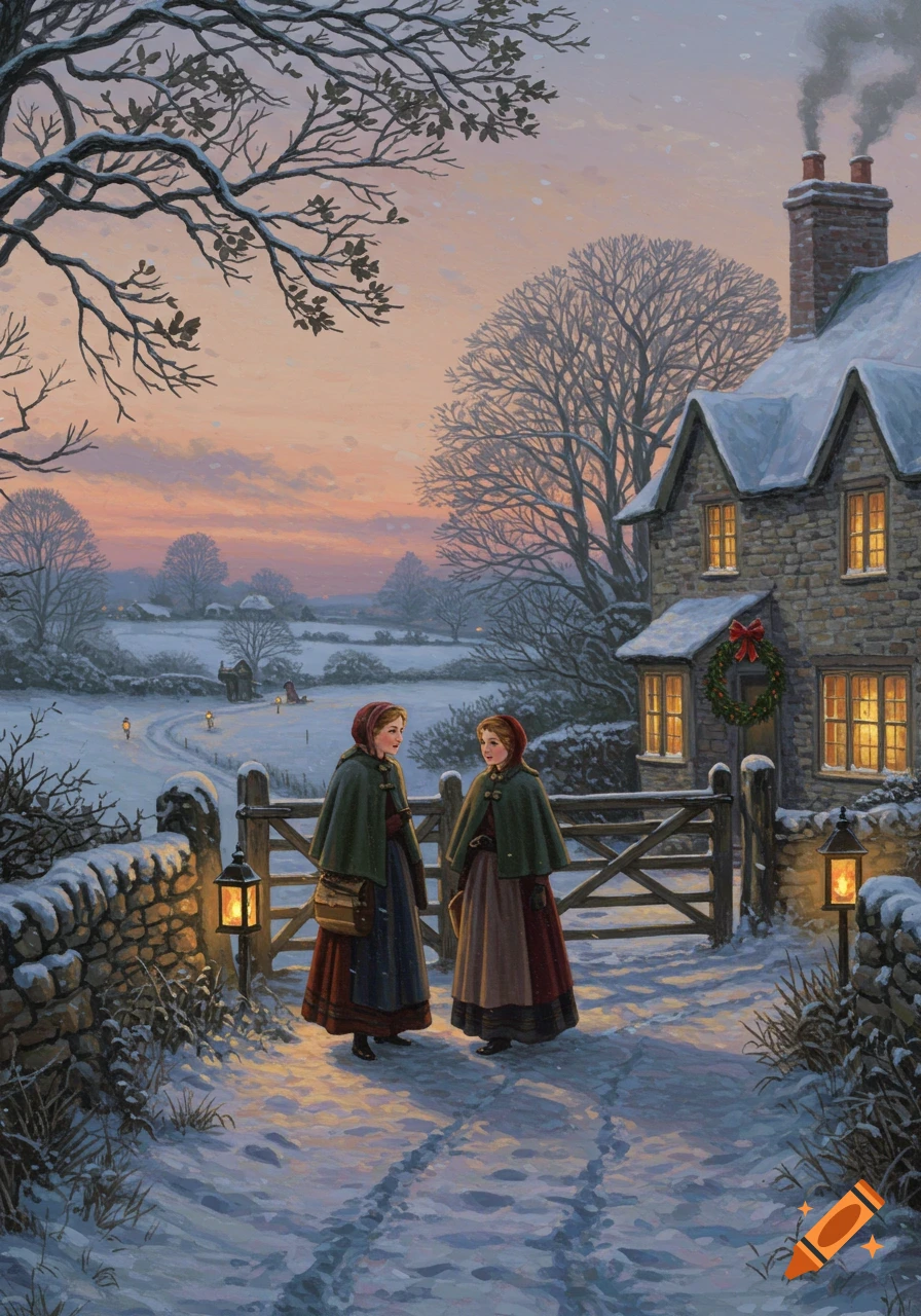 Two women in capes stand talking on a snowy path by a lit stone cottage at dusk, rendered in a detailed painting style.