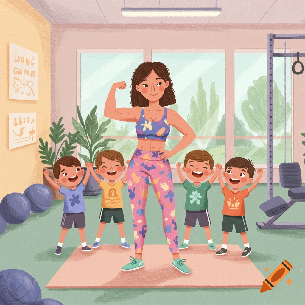 A smiling mom flexes her bicep next to four happy young boys in a colorful gym, drawn in a children's book illustration style.