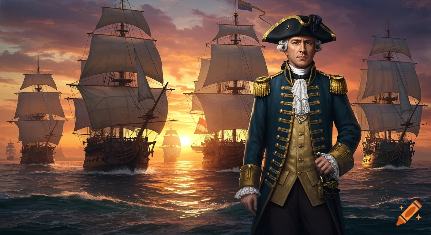 A man in an 18th-century naval uniform stands before a fleet of tall ships sailing on a choppy sea at sunset.