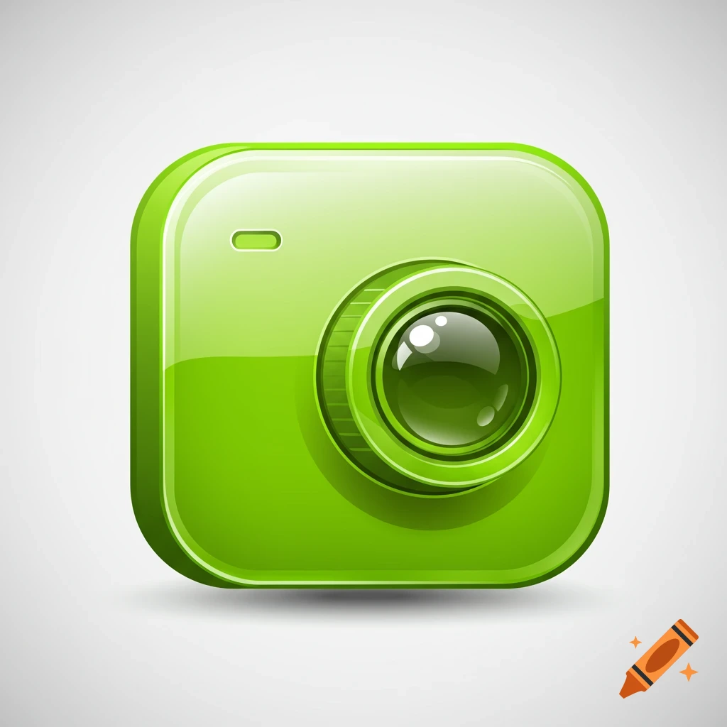 A glossy, vibrant green app icon of a camera with a large lens and a rounded square shape, on a light gray background.