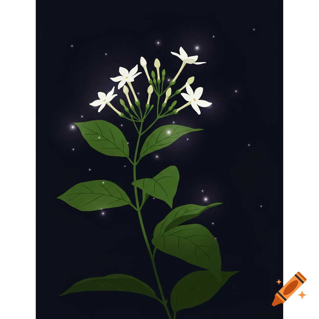 A vector illustration of a white flower with green leaves against a dark, starry background.