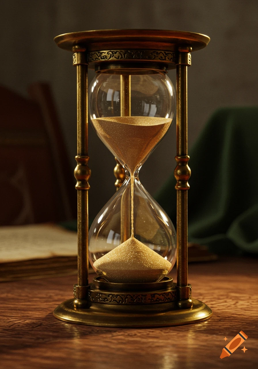 A vintage brass hourglass with golden sand flowing on a wooden table, an old book and green fabric blurred in the background, in a photorealistic style.