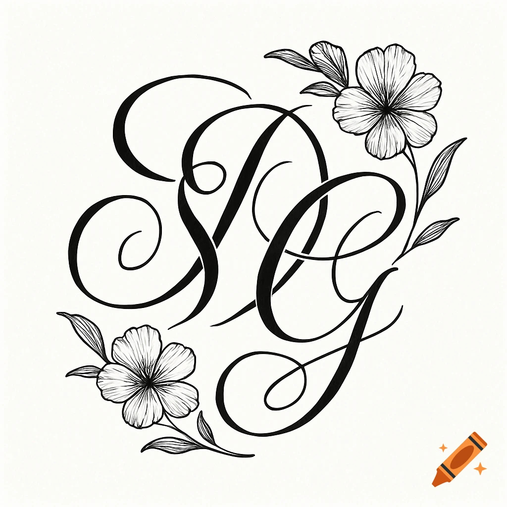 Black and white calligraphic monogram with initials S, D, G, adorned with delicate floral designs.