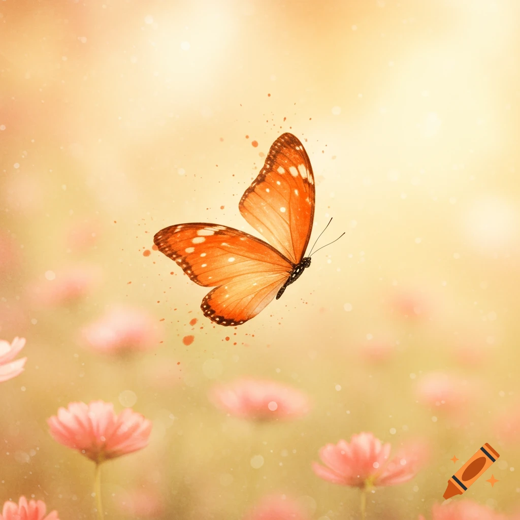 An orange watercolor butterfly with white spots hovers above a field of soft pink flowers, against a warm, bokeh-filled background.