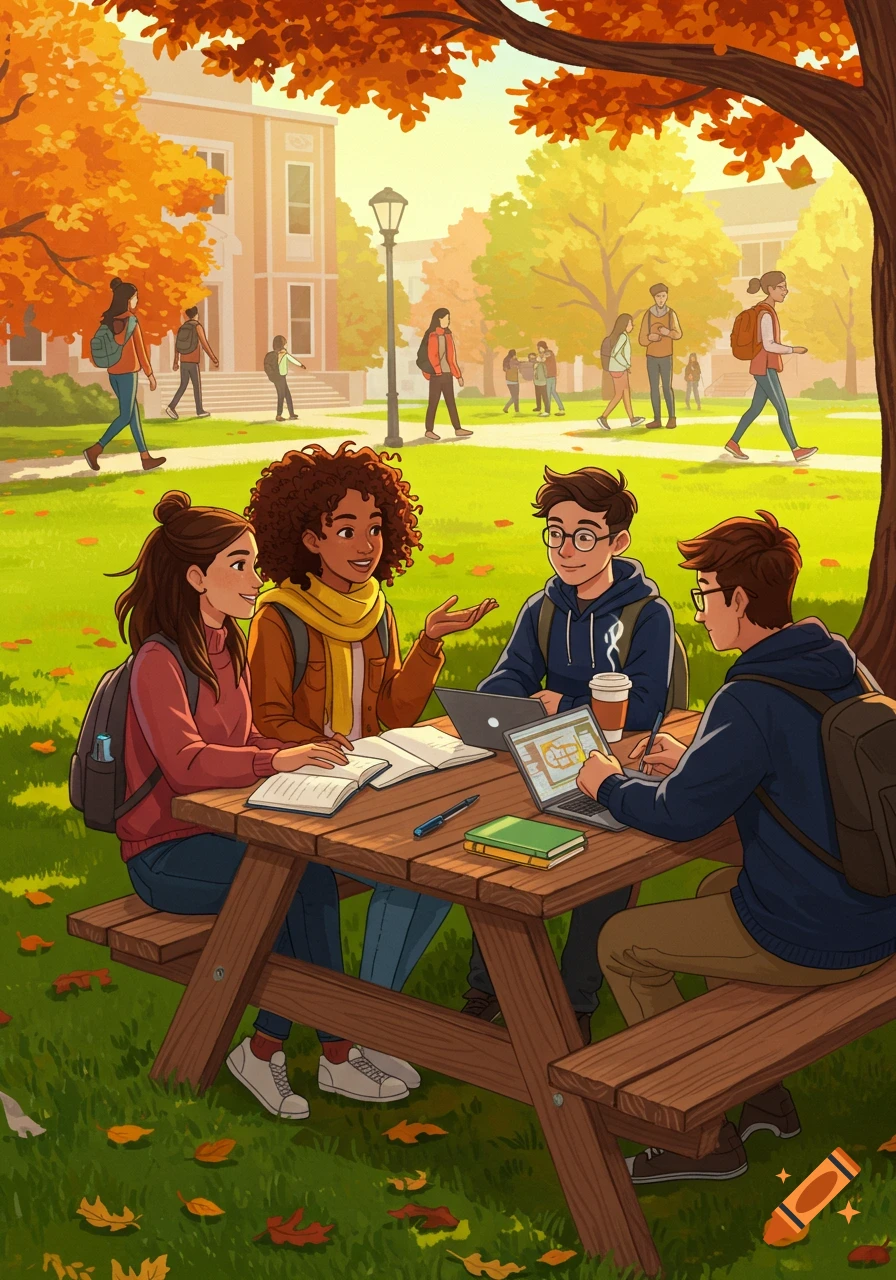 Illustrated college campus scene with students studying at a picnic table and walking amongst autumn trees.