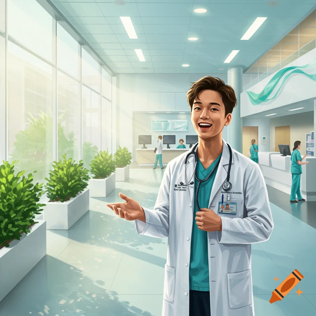 A young male doctor smiling in a bright hospital hallway, wearing a white lab coat and stethoscope.
