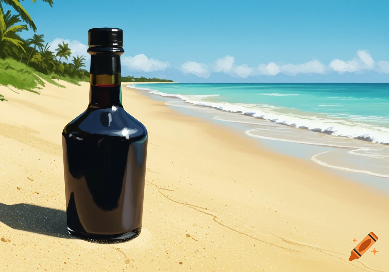 A dark bottle stands upright on a sunny sandy beach with a bright blue ocean and palm trees in the background, in a stylized illustration.
