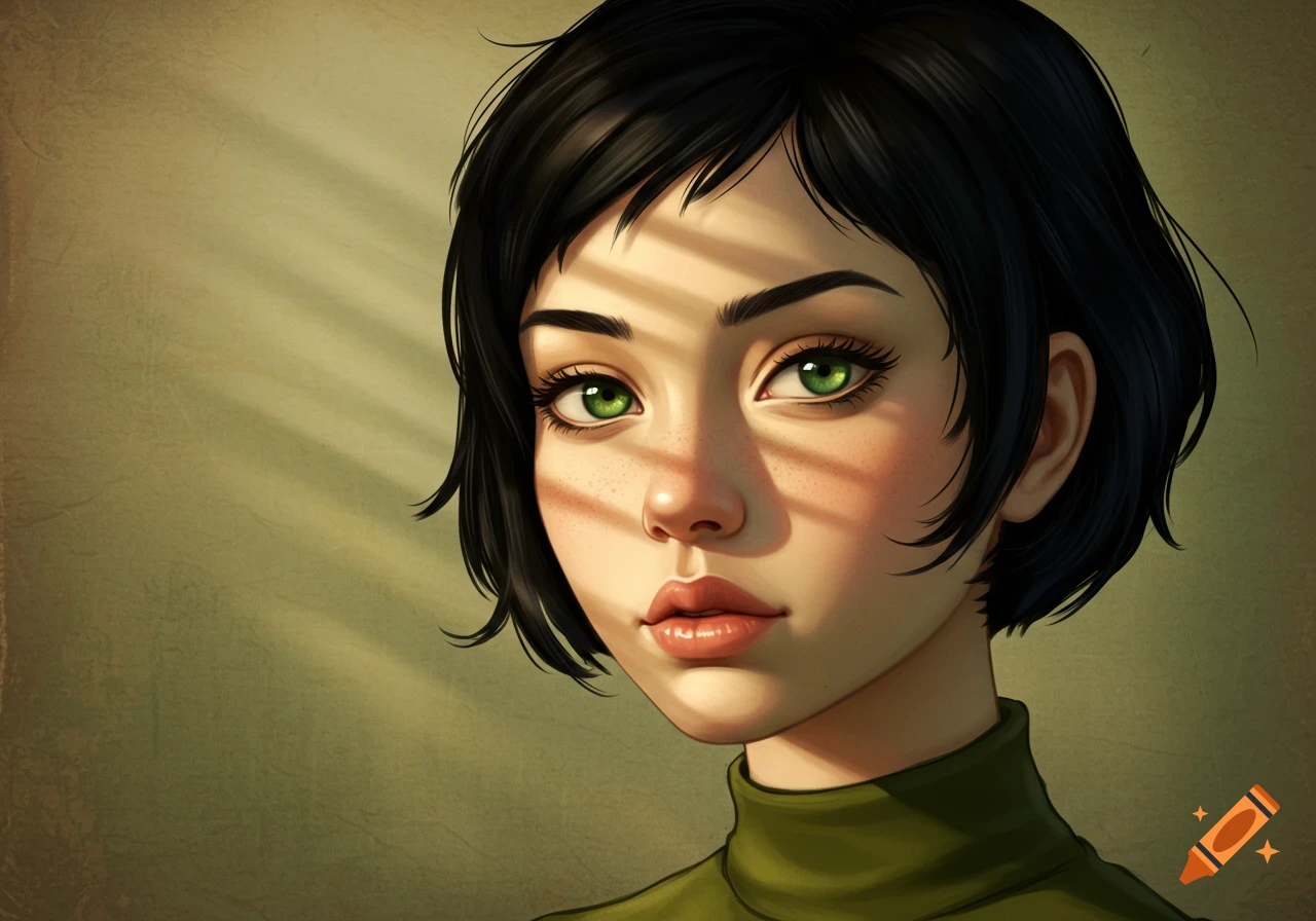 Stylized digital art portrait of a young woman with short dark hair ...