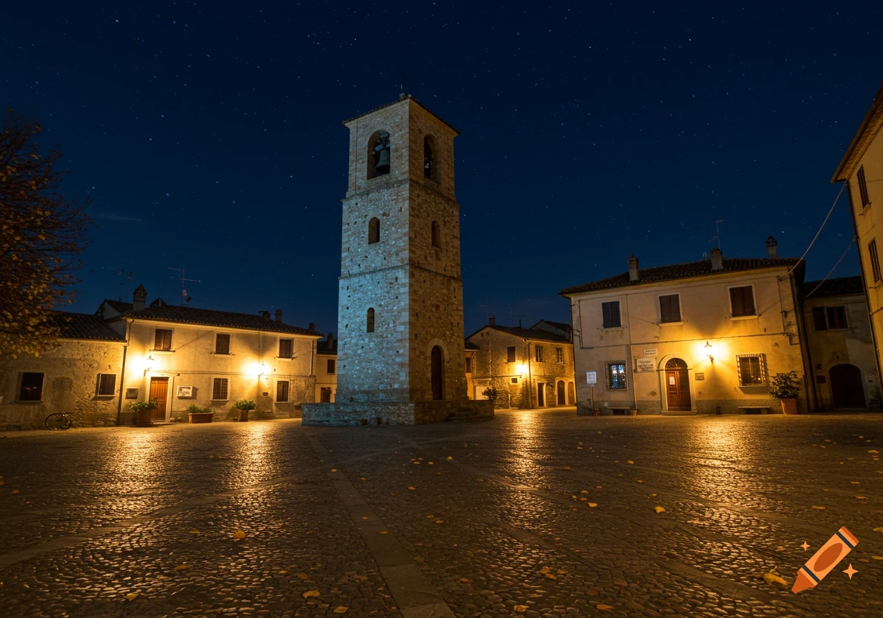 A tall stone bell tower stands prominently in a cobbled town square at night, illuminated by warm lights from surrounding buildings under a clear, starry sky.