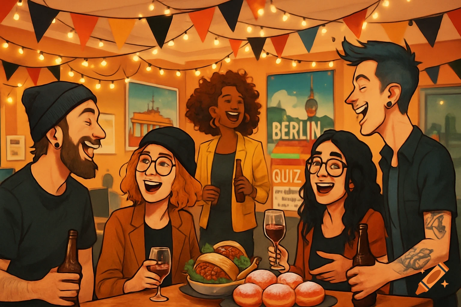 Cartoon of diverse friends laughing at a Berlin-themed party with food, drinks, string lights, and Berlin/Quiz posters.