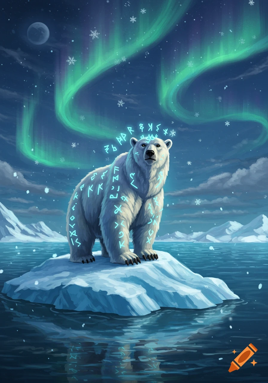 A majestic polar bear covered in glowing blue runes stands on an ice floe under an aurora-filled night sky with a full moon.