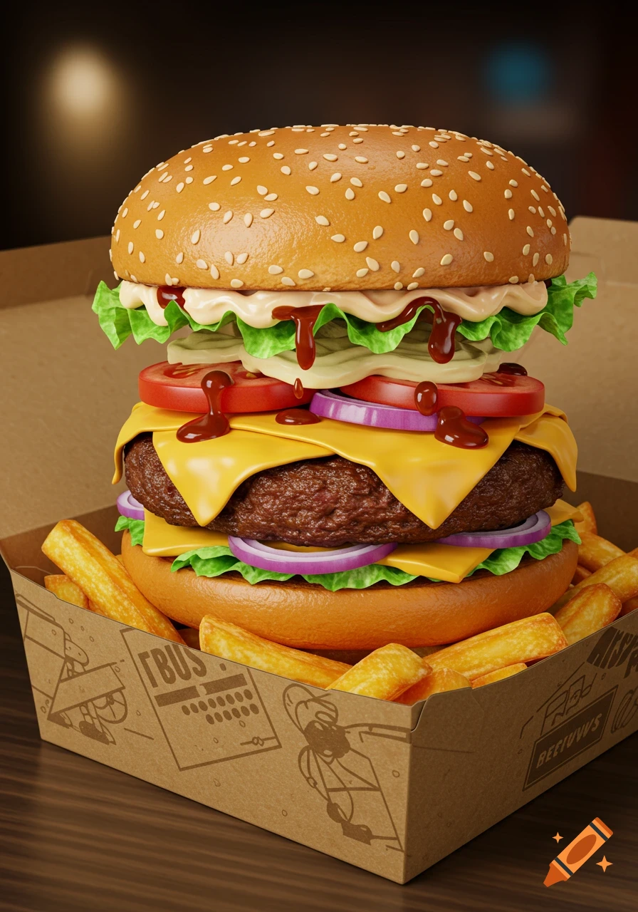 A photorealistic, tall hamburger with lettuce, tomatoes, cheese, onions, and sauces, served with french fries in a branded cardboard box on a wooden surface.