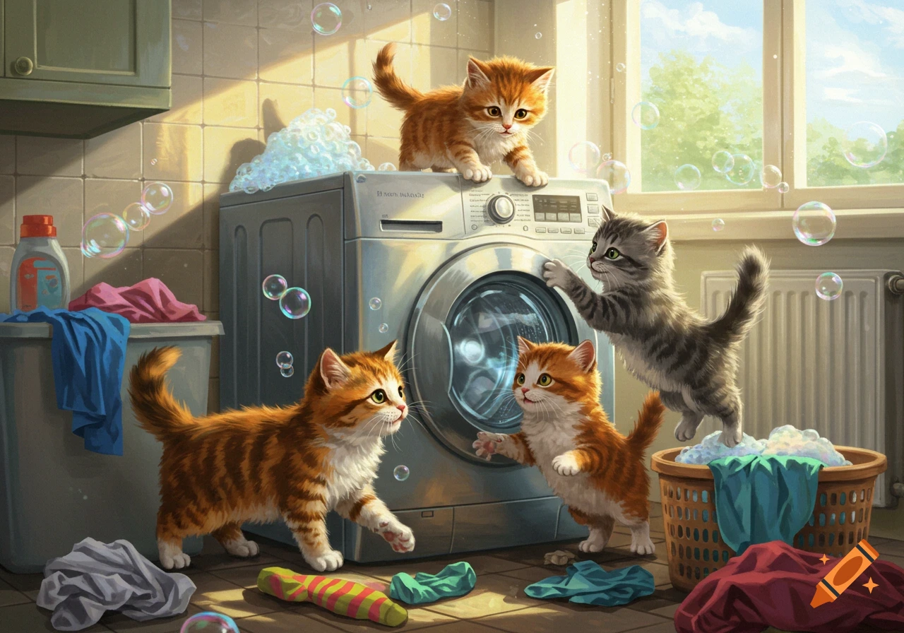 Four adorable kittens playing in a sunlit laundry room with a washing machine, laundry baskets, and floating bubbles.