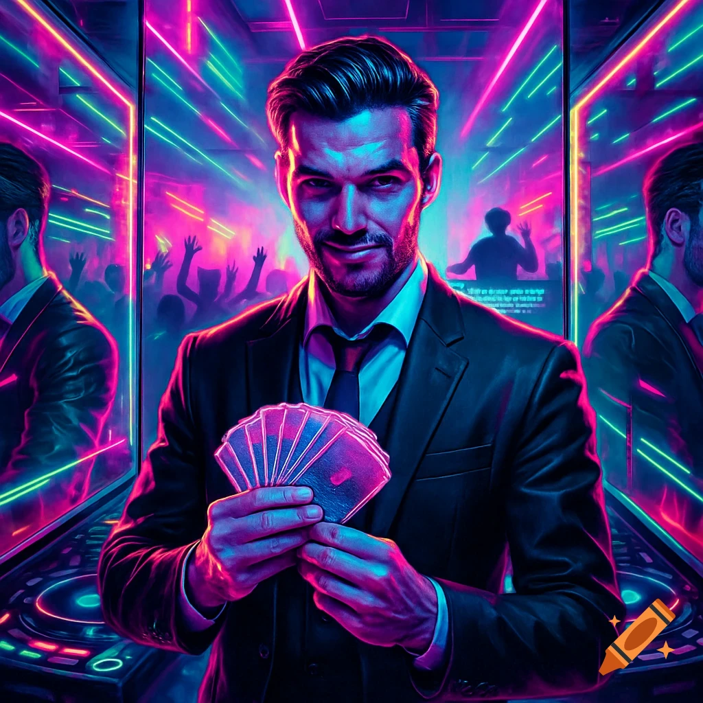 A man in a suit holds a fanned hand of cards in a vibrant neon-lit nightclub with a DJ booth and dancing crowd in the background.