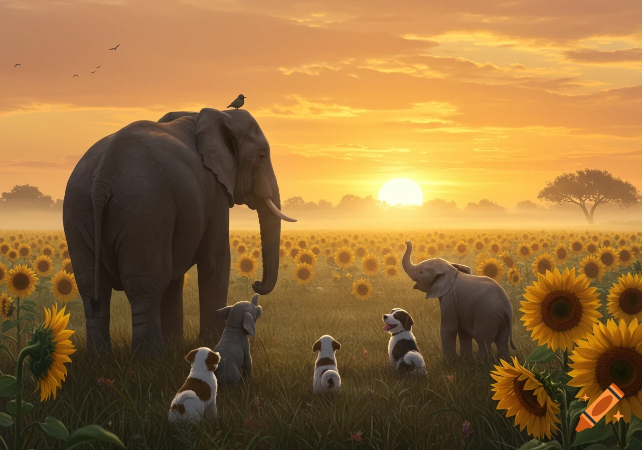An adult elephant and two baby elephants interact with three puppies in a vast sunflower field at sunrise, with a bird perched on the adult elephant.