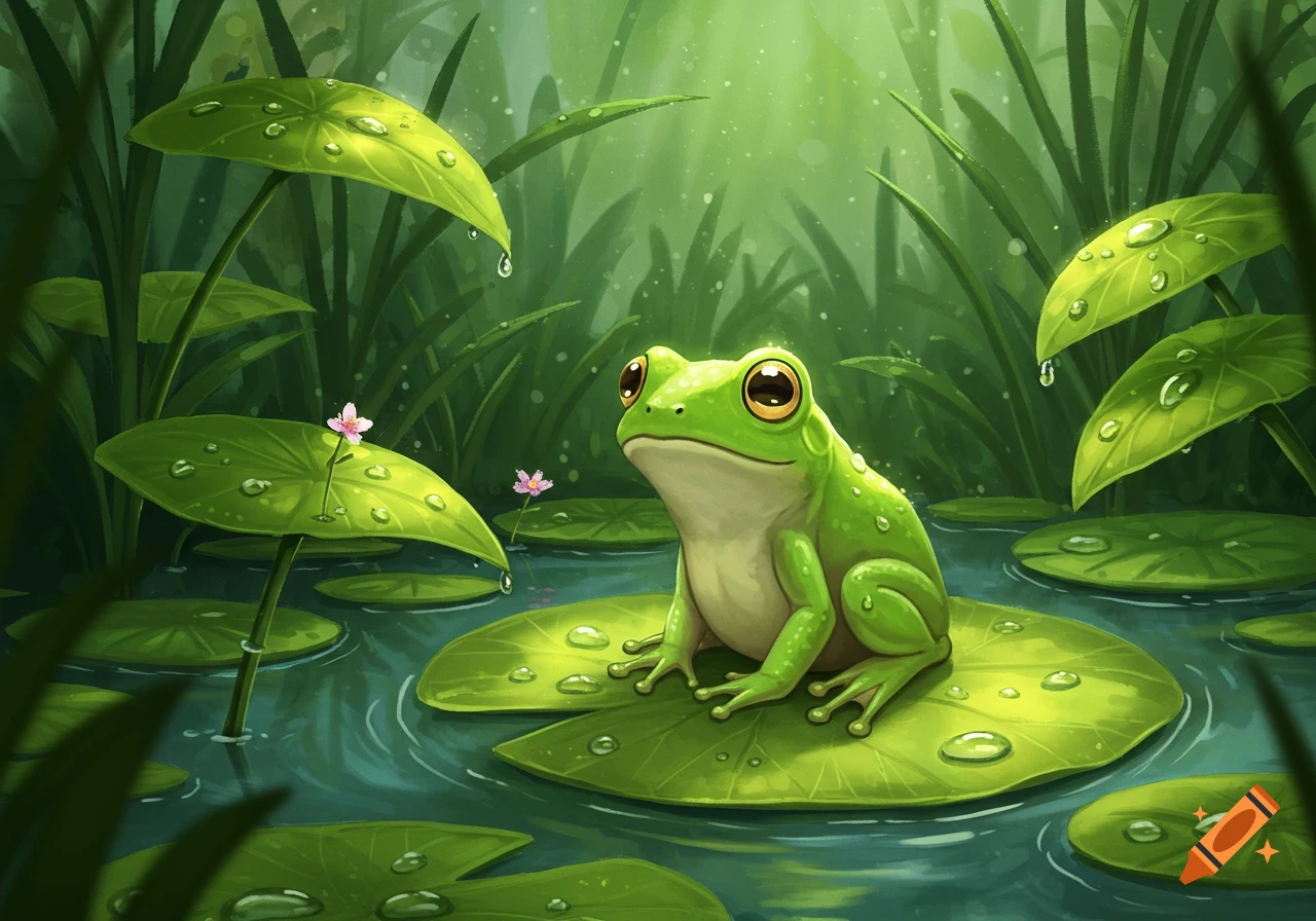 A cute green frog with big eyes sits on a lily pad in a pond, surrounded by more lily pads, water droplets, and small pink flowers, in a digital art style.