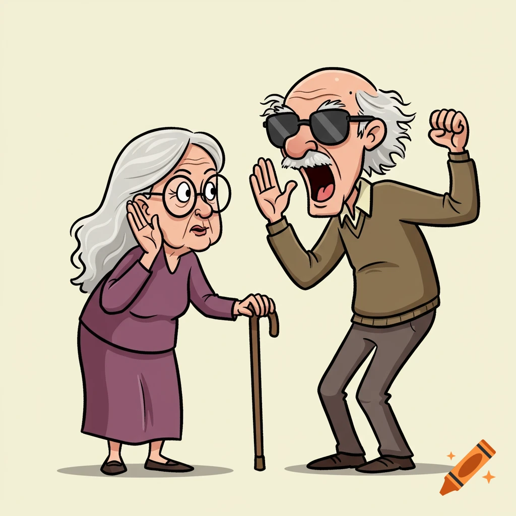 A cartoon of an elderly woman with glasses, hand to her ear, holding a cane, listening to an elderly man in sunglasses yelling loudly.