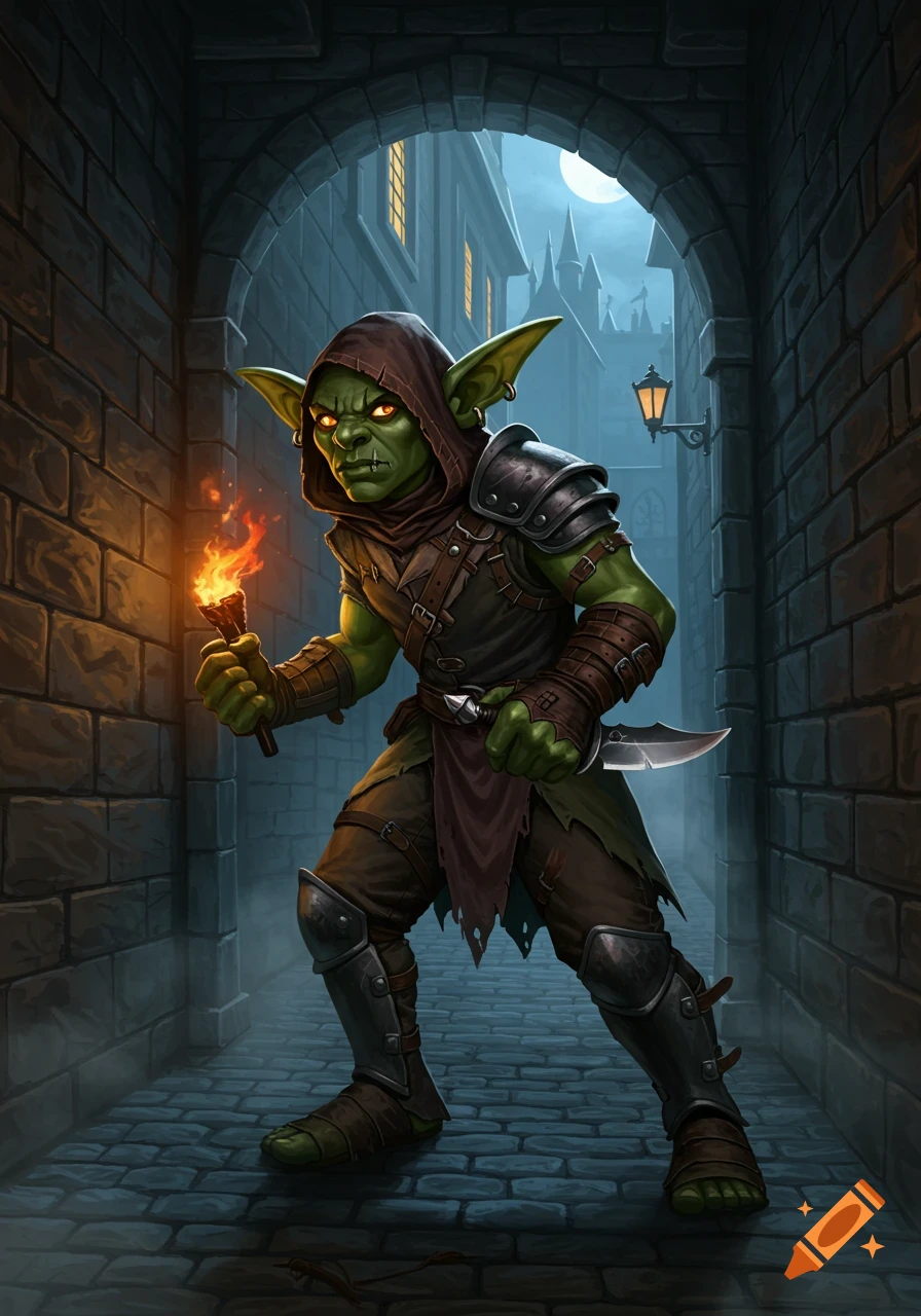 A green-skinned goblin rogue with glowing eyes holds a flaming torch and a knife in a dark, moonlit stone alleyway.