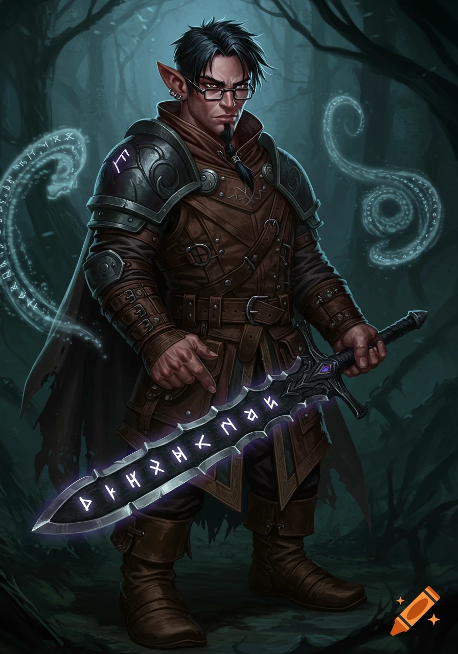 A serious male elf magus in leather armor and glasses, holding a black sword covered in glowing runes, stands in a dark forest.