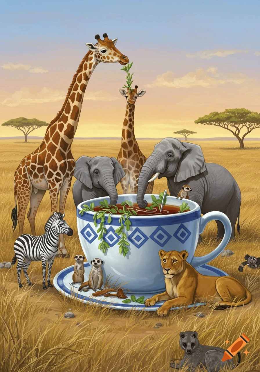 Illustrative scene of giraffes, elephants, zebra, lioness, meerkats, and other safari animals drinking tea with herbs from a giant teacup in an African savanna.