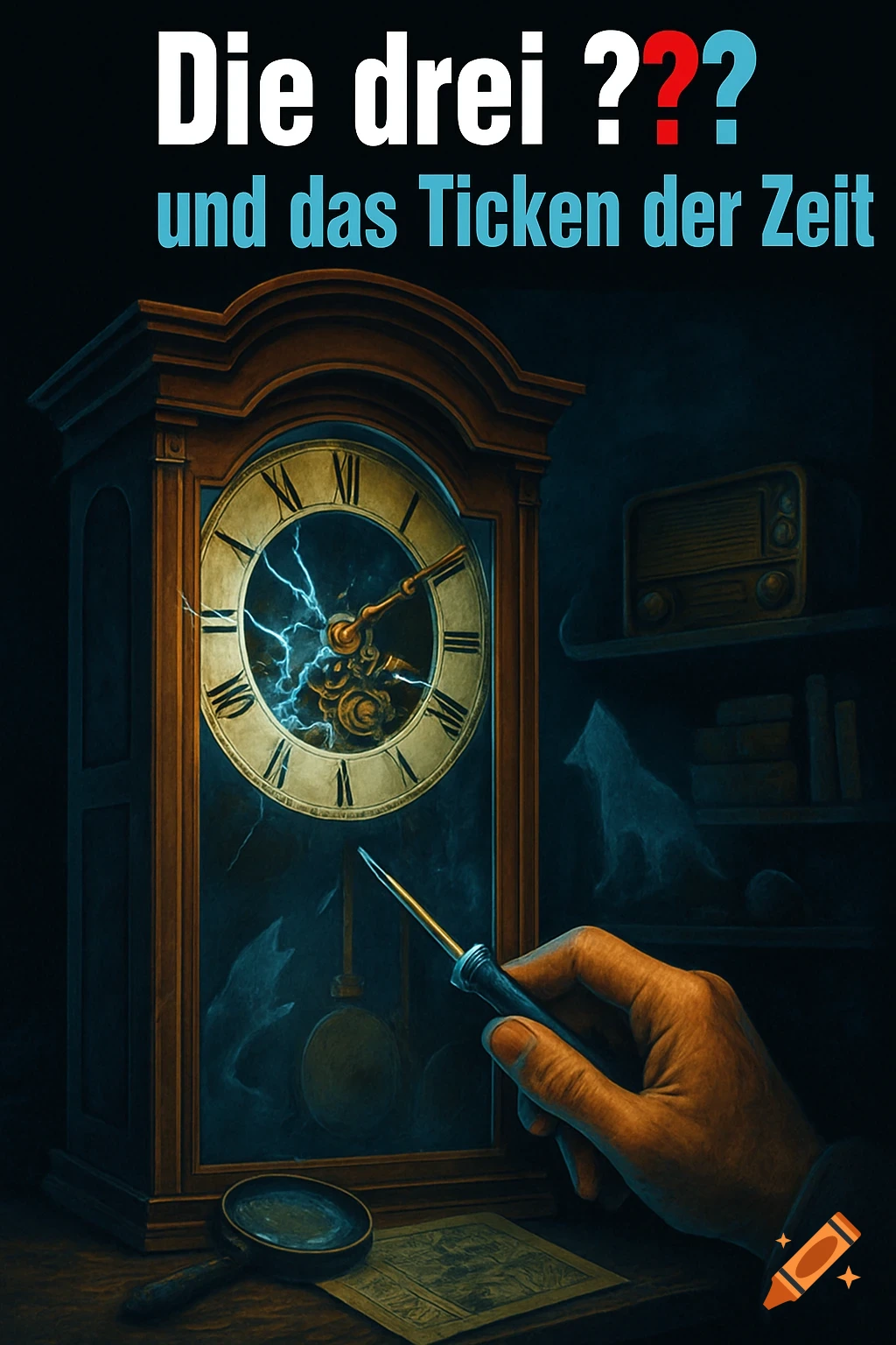 A hand holding a screwdriver points at a dark, antique grandfather clock with electric sparks on its face, under the title "Die drei ??? und das Ticken der Zeit".