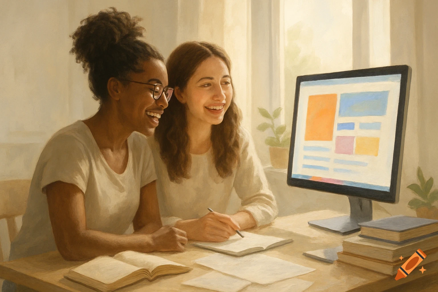 Two smiling women happily look at a computer screen at a desk with books and papers, painted in a soft style.