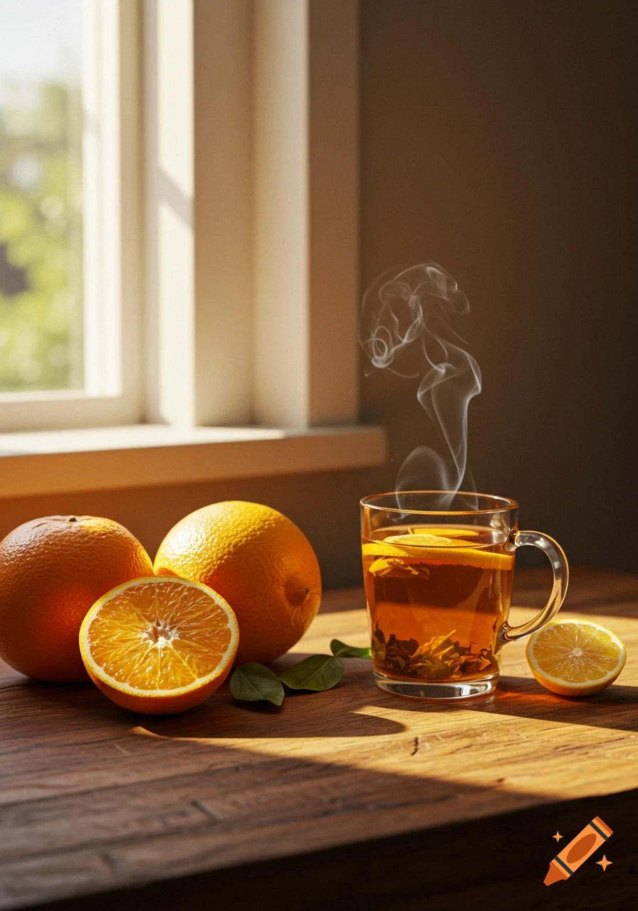 Warm morning sunlight on a wooden table with fresh oranges, a sliced lemon, and a steaming cup of tea with citrus slices.