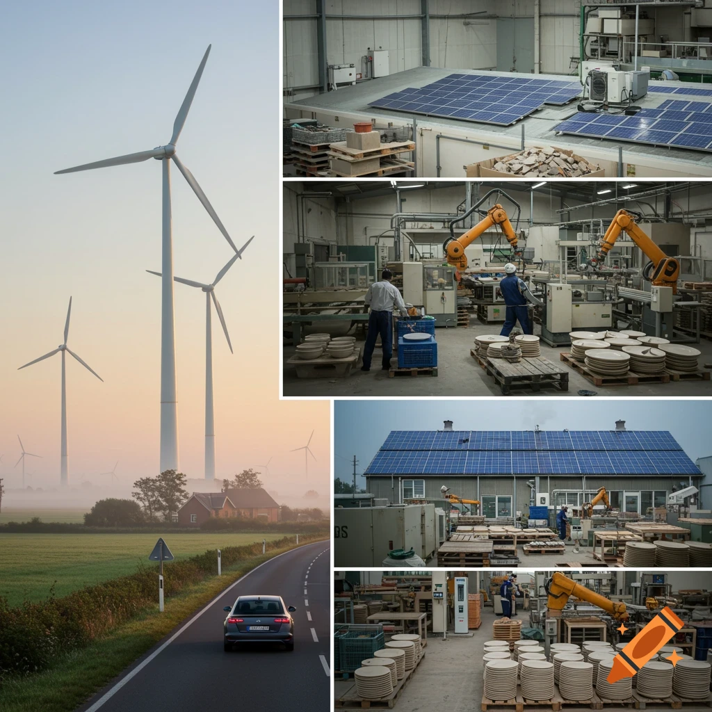 A collage showing wind turbines, a car on a road, solar panels on a building and inside a factory, and workers with robotic arms in a ceramics workshop.