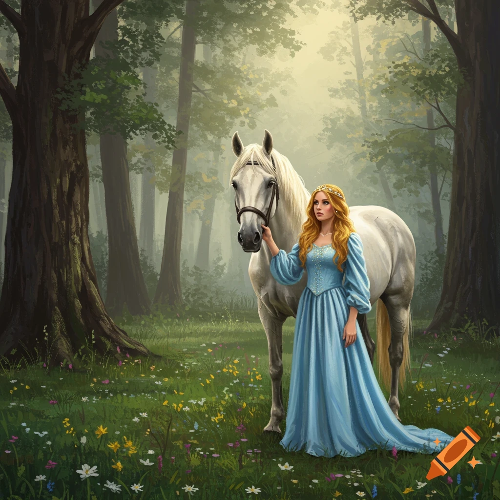 A princess in a blue gown and tiara stands with a white horse in a sunlit forest clearing full of wildflowers. Digital painting.