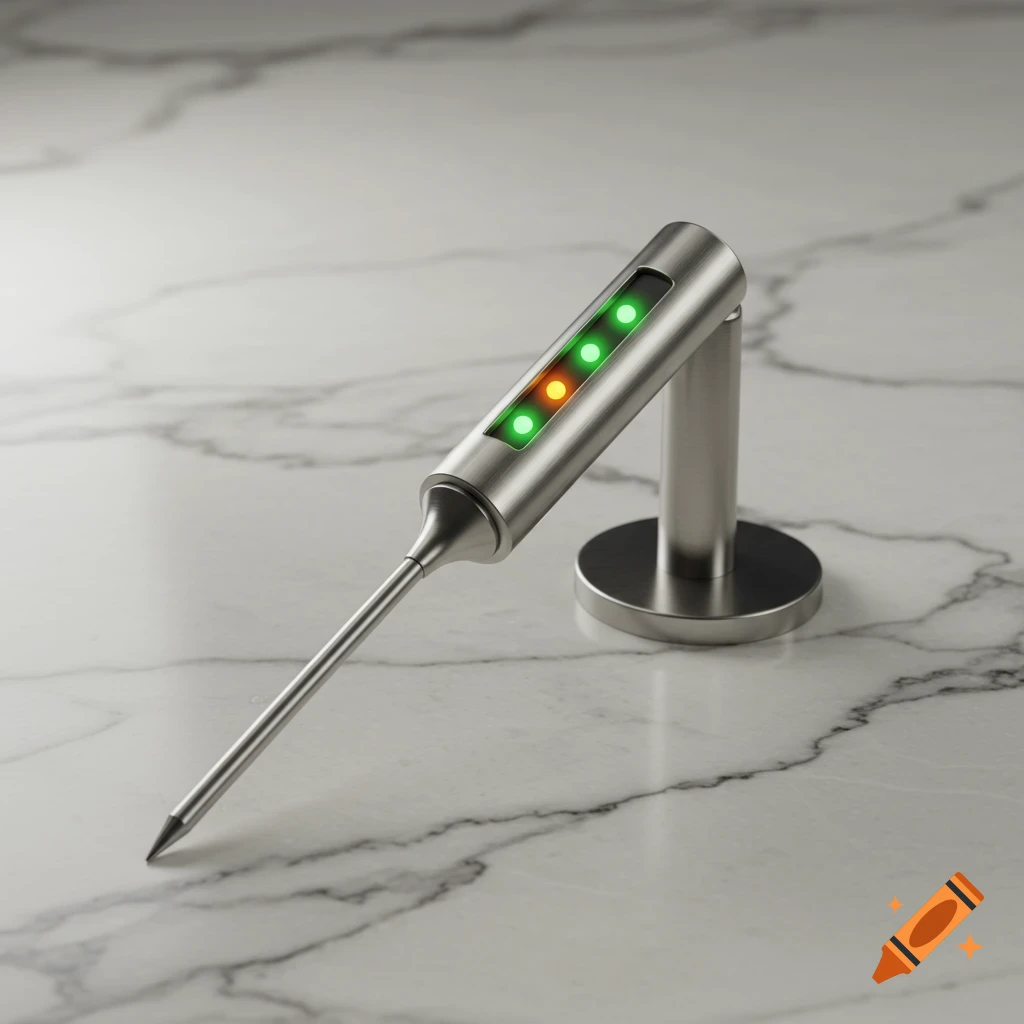 A sleek, silver toothpick-like thermometer with green and orange indicator lights stands on a white marble surface.