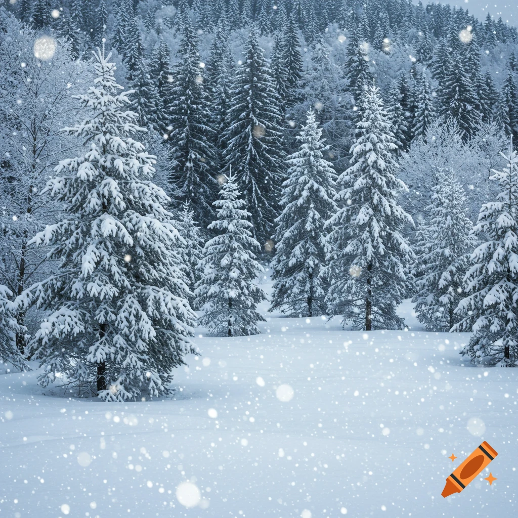 A serene winter forest scene with snow-covered pine trees and numerous ...