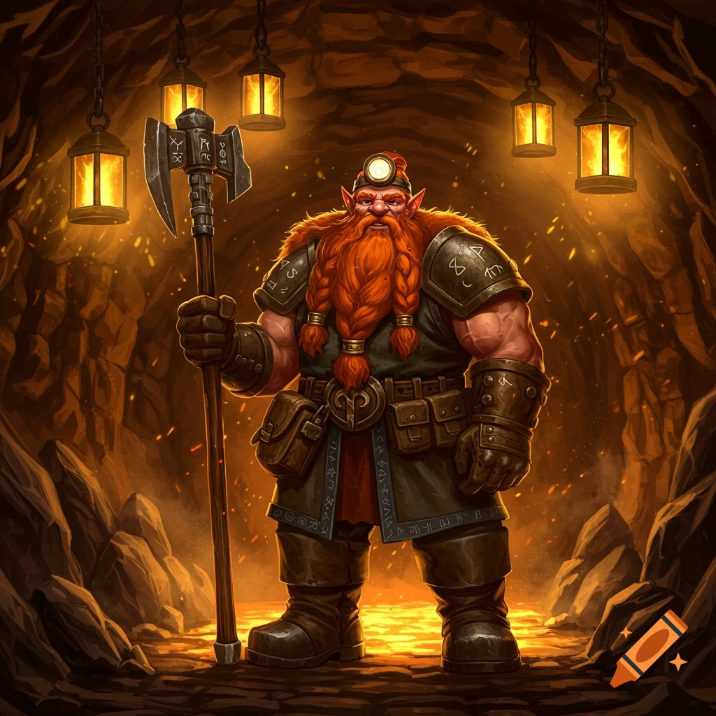 A formidable dwarven miner with a long braided red beard and armor, holding a pickaxe staff in a glowing, lantern-lit mine.
