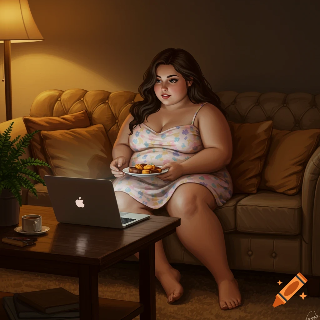 Digital painting of a woman on a couch, eating snacks and watching a MacBook in a cozy, dimly lit room.