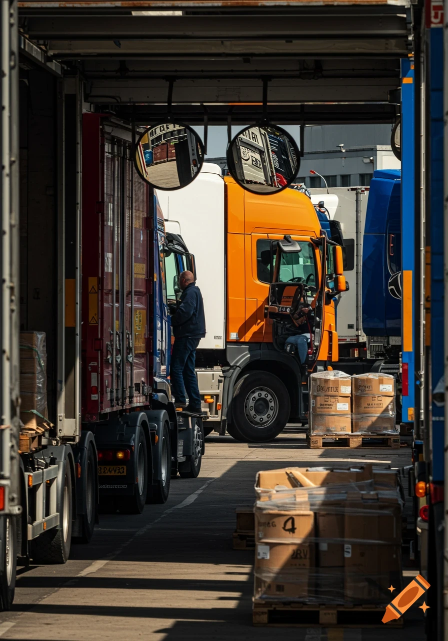 Photorealistic image of a truck driver standing on the step of a red semi-trailer truck in a busy loading dock with other trucks and pallets of boxes.