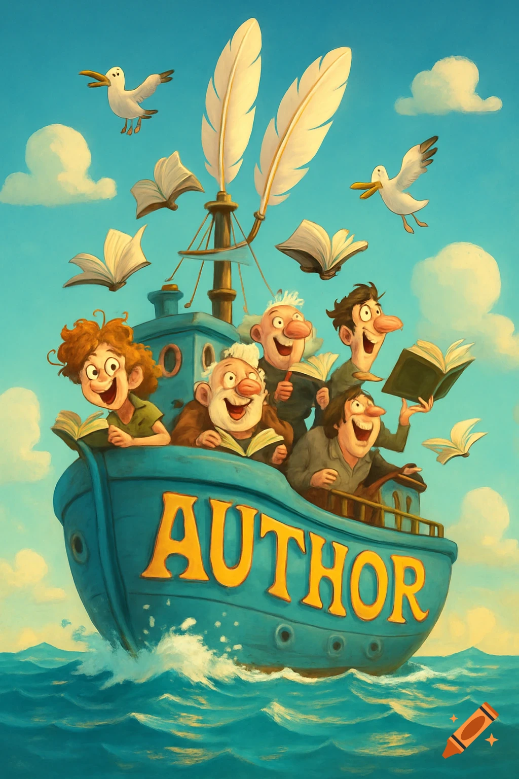 A whimsical cartoon shows smiling authors on a ship named 'AUTHOR' with quill pens for masts, flying books, and seagulls.