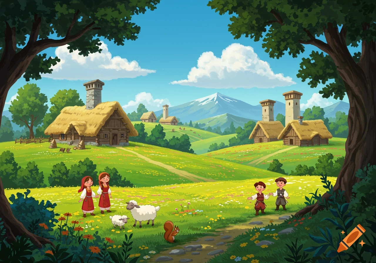 Cartoon village scene with children, sheep, and thatched-roof houses on green hills, framed by trees.