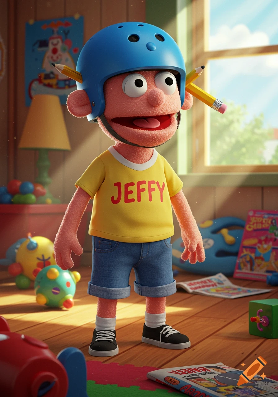 A pink puppet character named Jeffy, wearing a blue helmet with pencils, a yellow t-shirt, and jean shorts, stands in a brightly lit playroom.