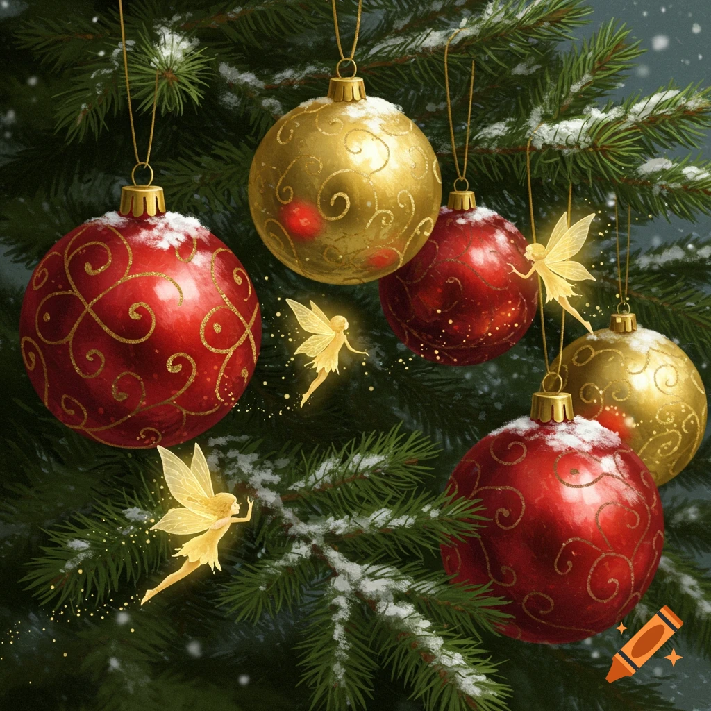 Red and gold Christmas baubles with intricate designs hang on snowy pine branches, as glowing golden fairies flutter nearby.