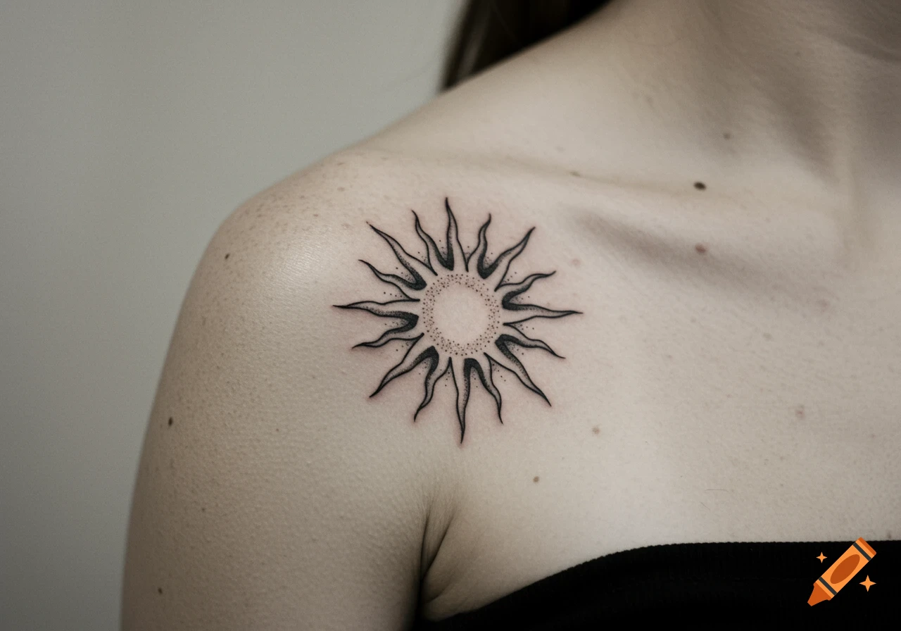 Close-up of a person's shoulder with a minimalist black sun tattoo featuring jagged rays and a stippled center, photorealistic.