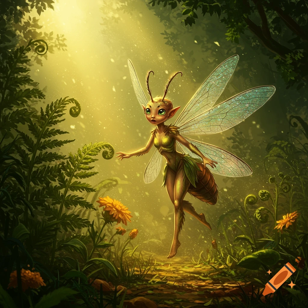 A whimsical fairy with bug features and translucent wings floats in a sunlit magical forest, surrounded by ferns and flowers.