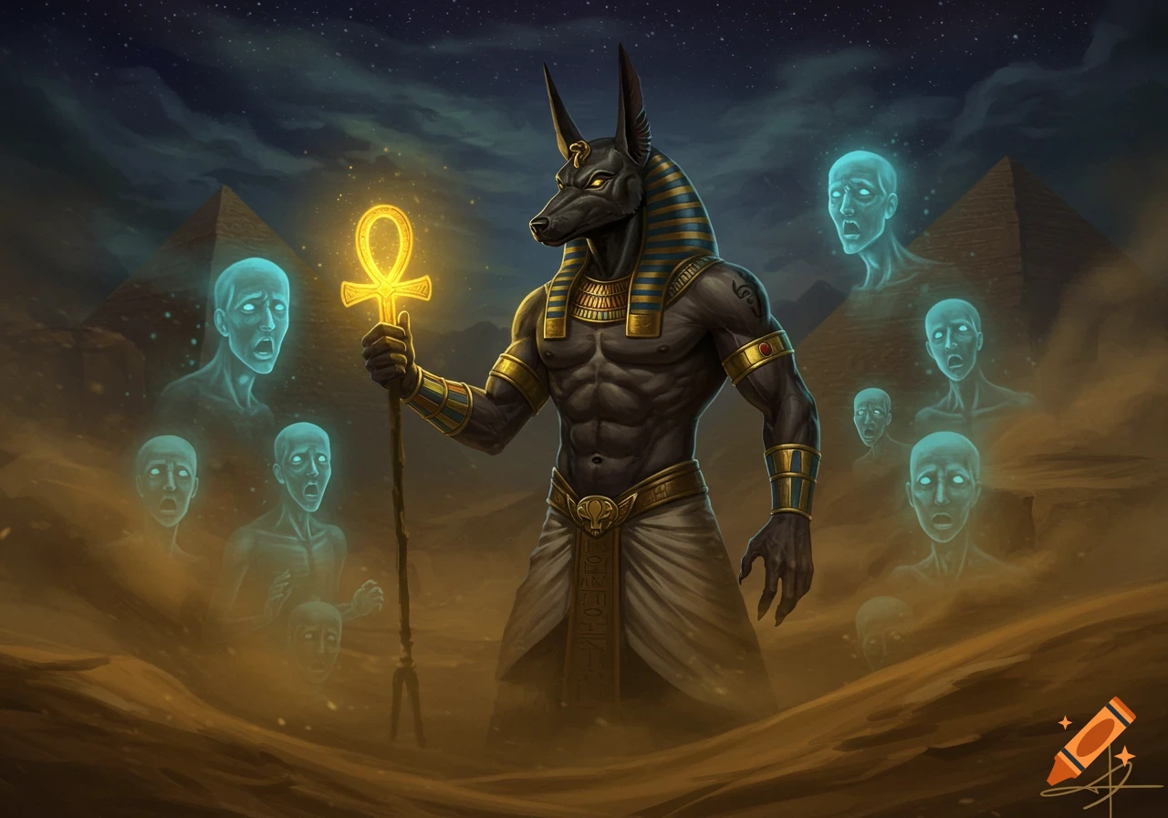 Anubis stands in a desert landscape with pyramids, holding a glowing ankh, surrounded by numerous scared, ethereal blue souls rising from the sand.