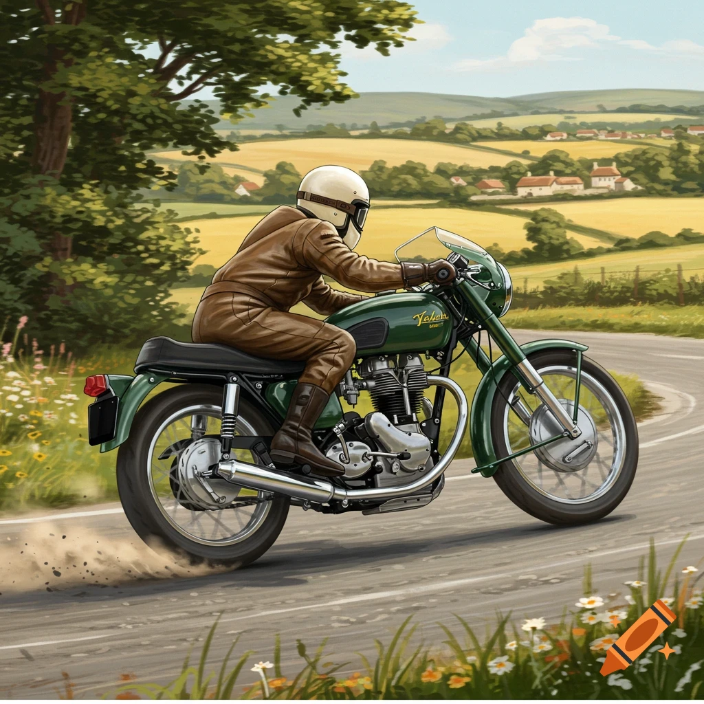 A person in a brown leather suit rides a vintage green Velocette motorcycle on a winding country road, illustrated style.