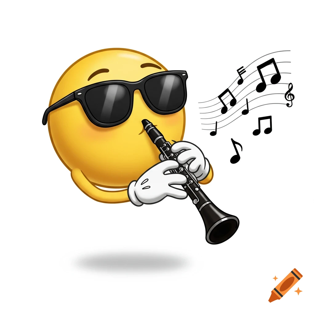 Cool yellow smiley face wearing sunglasses plays a clarinet with white cartoon gloves, cartoon style.