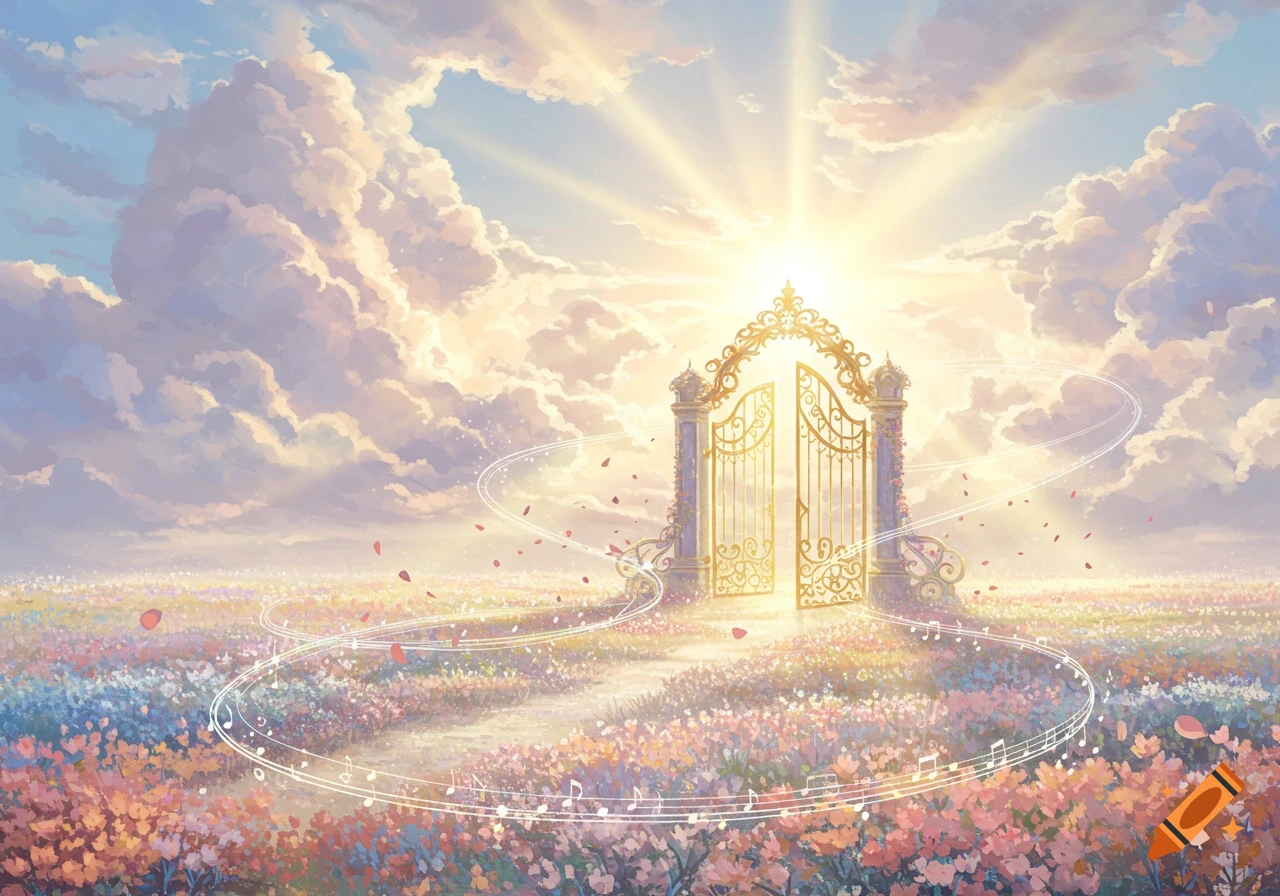 An ethereal landscape with an open ornate golden gate under a bright, cloudy sky, a path through colorful flowers, and floating musical notes.