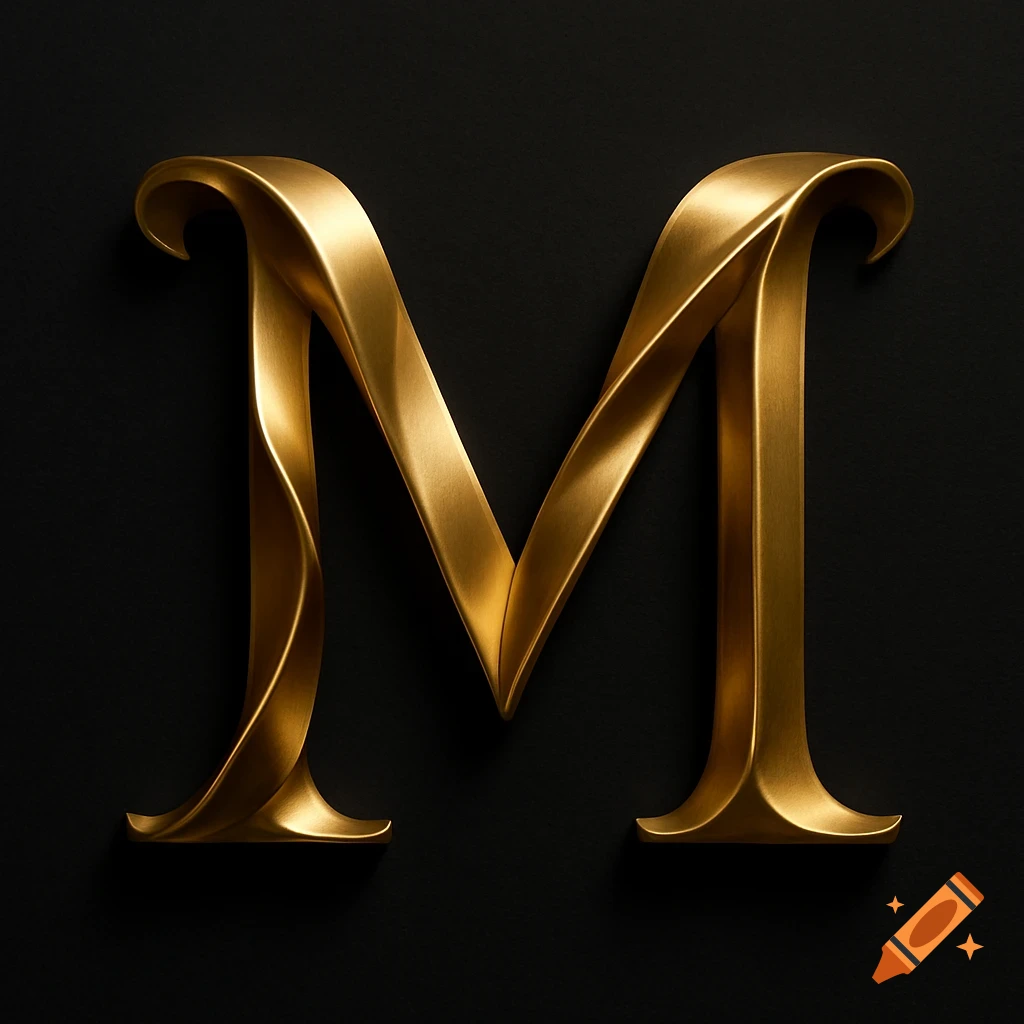 A stylized golden letter M with sculptural twists on a stark black background.